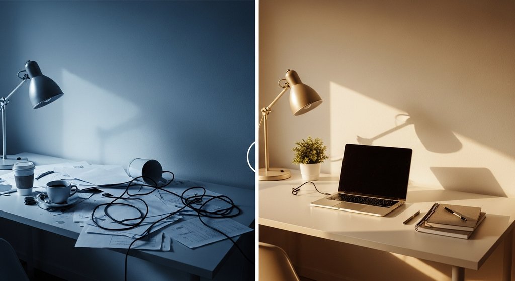 Vorher-Nachher-Bild eines Schreibtisches symbolisiert die Transformation durch optimierte Agentur Prozesse.