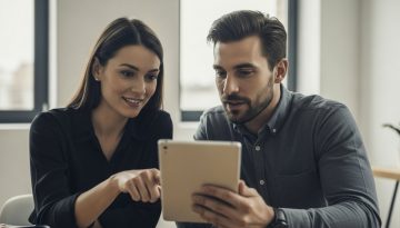 Zwei Agentur-Mitarbeiter freuen sich über ein erfolgreich erstelltes Angebot auf einem Tablet.