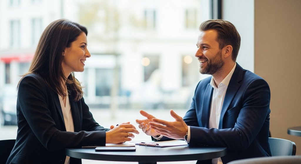 Zwei Geschäftspartner in einem Café verkörpern durch aktives Zuhören das Prinzip 'Erst verstehen, dann verstanden werden'.