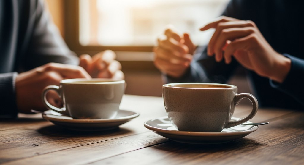 Zwei Kaffeetassen auf einem Tisch als Symbol für den wichtigen Austausch und das Gespräch unter Selbstständigen.