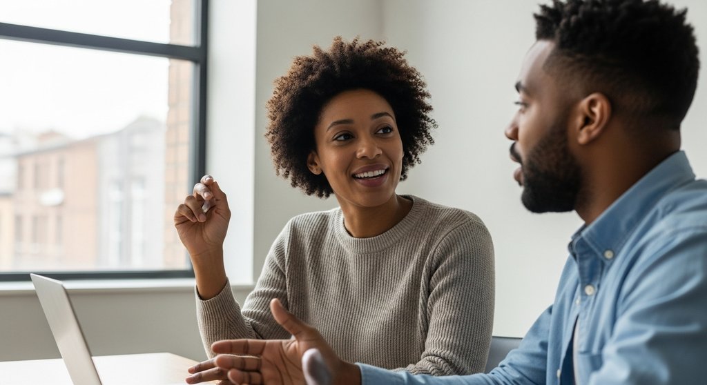 Zwei Kollegen in einem Gespräch, das ein unterstützendes Netzwerk symbolisiert.
