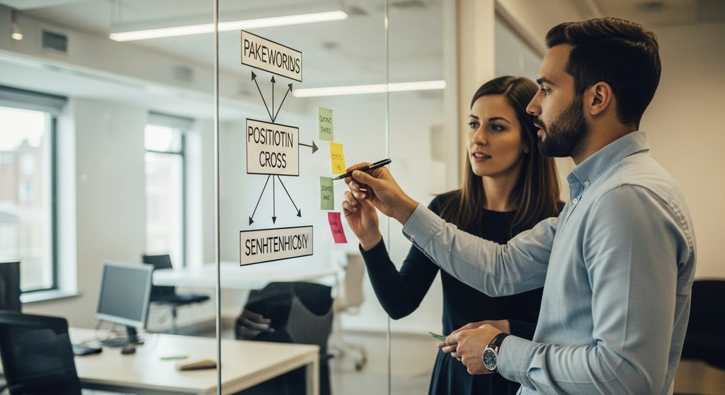 Zwei Marketing-Experten entwickeln eine strategische Positionierung an einer Pinnwand mit Ideen und Analysen.