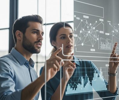 Zwei Marketing-Experten führen eine Zielgruppenanalyse im B2B durch und analysieren Daten an einem interaktiven Board.