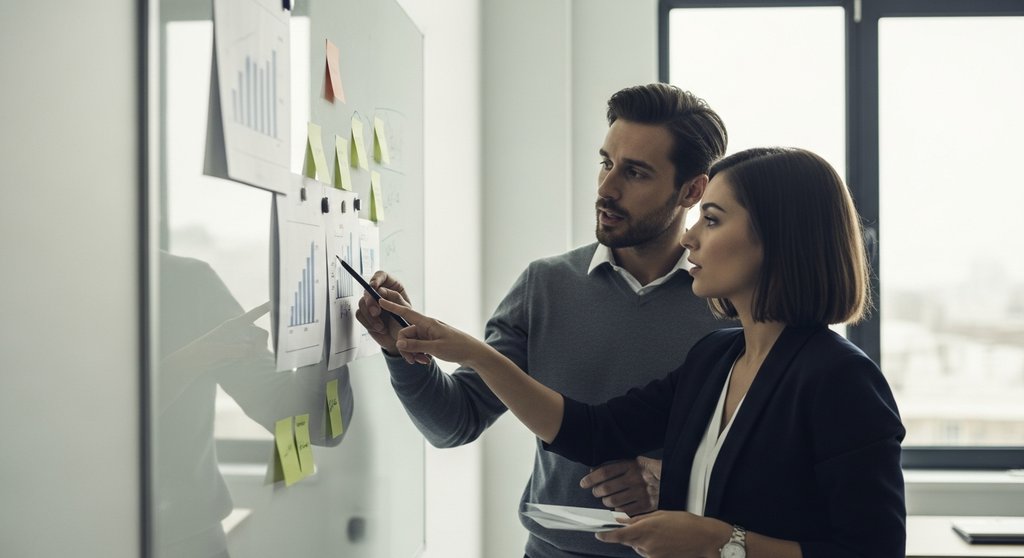 Zwei Marketing-Experten planen den Inhalt für ein erfolgreiches Webinar an einem Whiteboard.