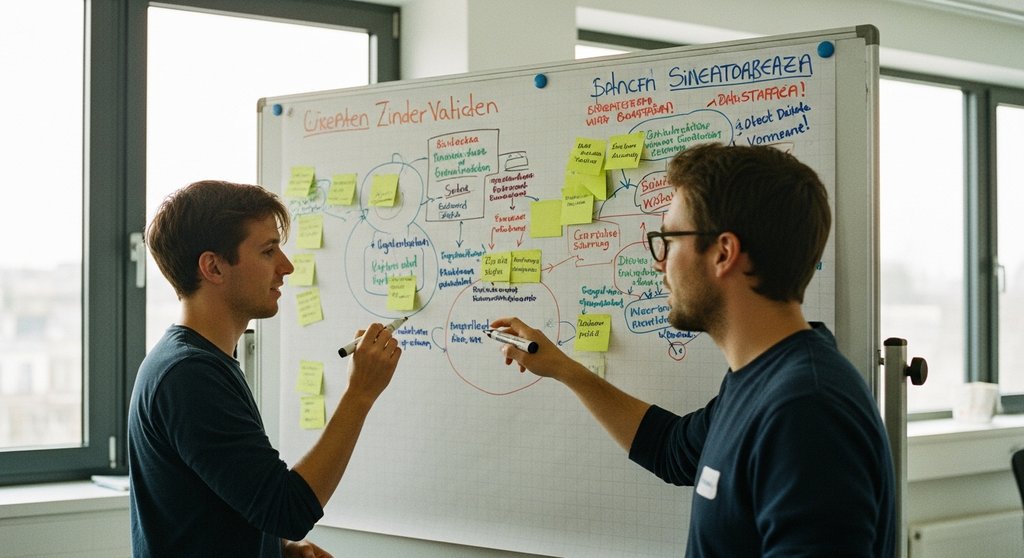 Zwei Personen bei einem kreativen Brainstorming an einem Whiteboard im Rahmen eines Done-with-You-Workshops.