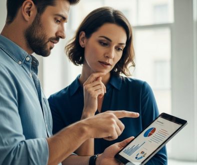 Zwei Personen, ein Mann und eine Frau, analysieren gemeinsam Daten auf einem Tablet im Rahmen des Key Account Managements.