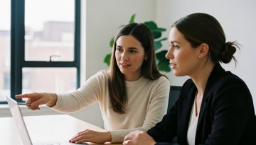 Zwei Personen, eine Agentur-Expertin und ein Kunde, arbeiten kollaborativ an einem Laptop.