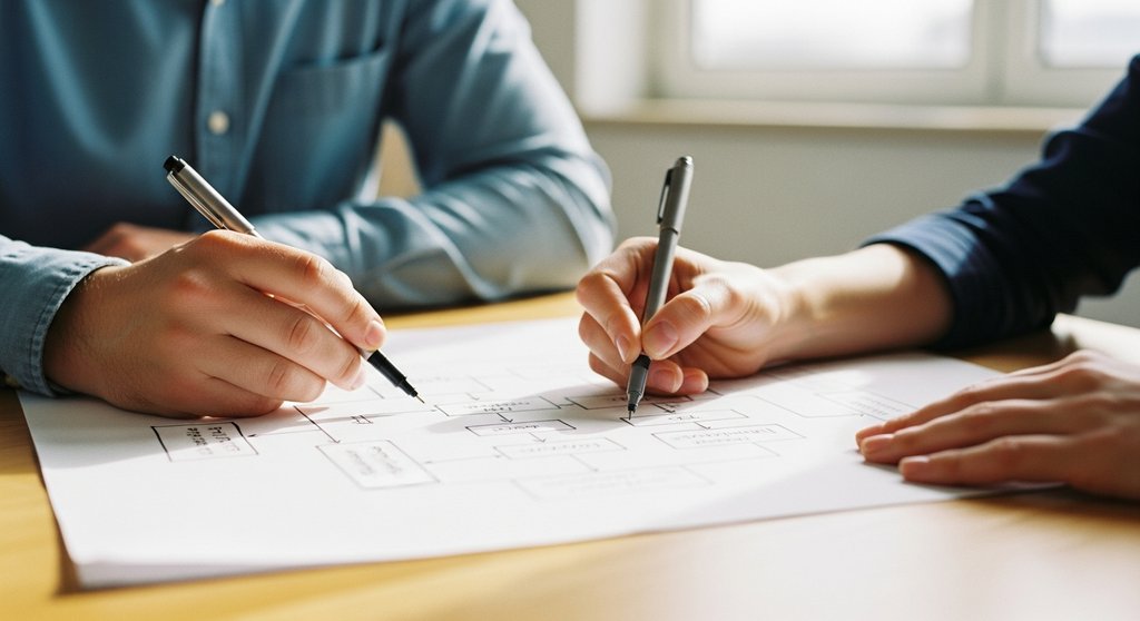 Zwei Personen zeichnen gemeinsam eine Strategie auf Papier, als Symbol für die partnerschaftliche Planung im Key Account Management.