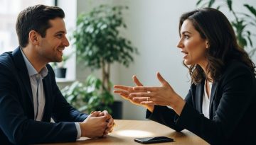 Zwei professionelle Personen in einem Gespräch, das die persönliche Beziehung im Social Selling symbolisiert.