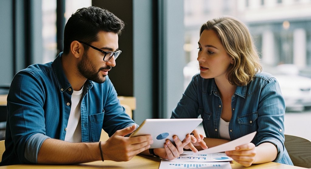 Zwei Selbstständige tauschen sich bei einem Kaffee aus, was die Wichtigkeit von sozialer Verbindung und Netzwerken darstellt.