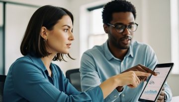 Zwei Vertriebsexperten analysieren Daten, um Closing Techniken zu optimieren.